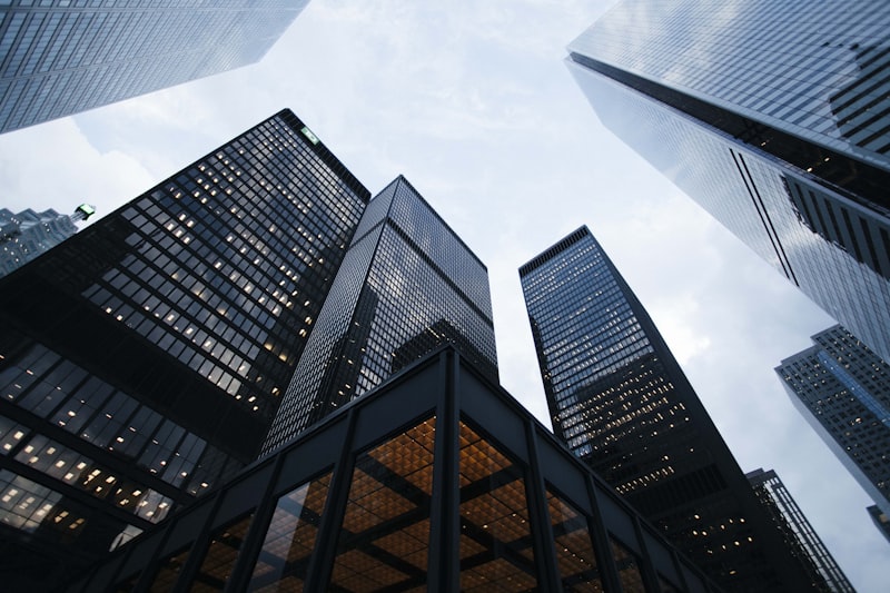 Modern office building skyscrapers with glass exterior and urban architecture
